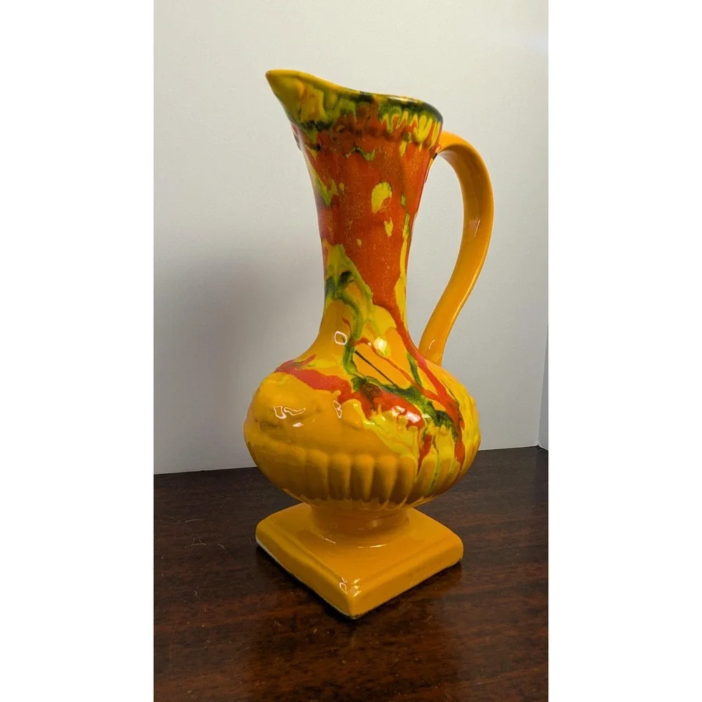 Vintage MCM Psychedelic Drip Glaze Ewer Vase Orange Retro Atomic Pottery 931 USA